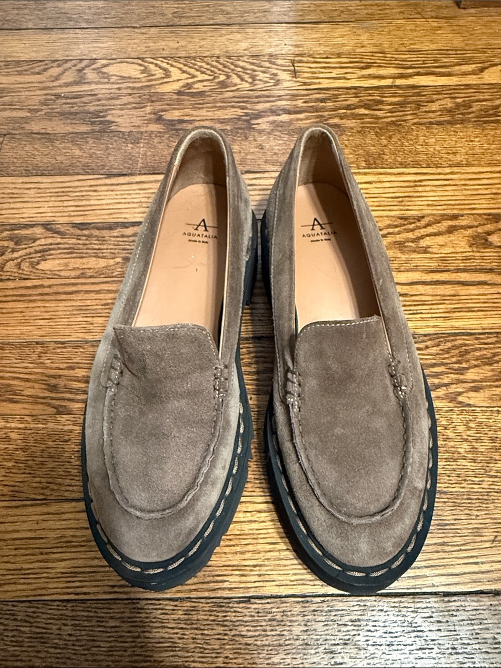 Aquatalia Taupe Suede Penny Loafers with Black Lug Sole